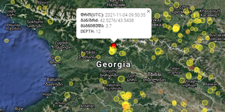 საქართველოში 3.7 მაგნიტუდის სიდიდის მიწისძვრა მოხდა