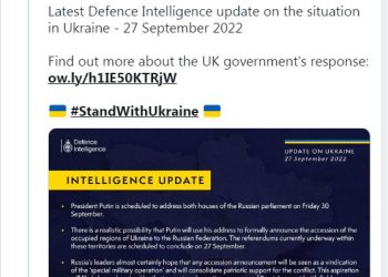 შესაძლოა, პუტინმა 30 სექტემბერს უკრაინის ოკუპირებული ტერიტორიებს რუსეთთან შეერთება გამოაცხადოს – ბრიტანეთი