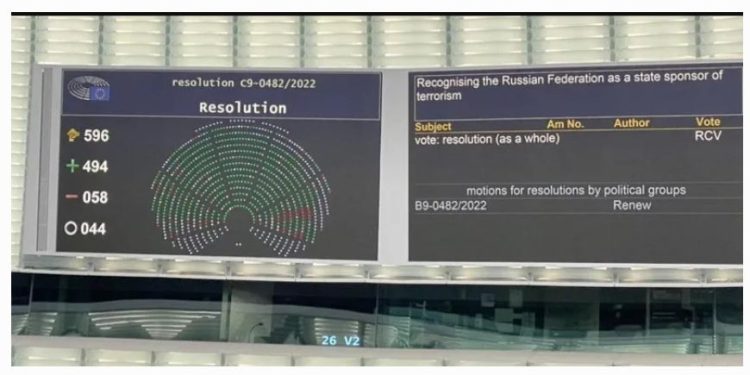 ევროპარლამენტმა რუსეთი „ტერორიზმის სპონსორ სახელმწიფოდ“ გამოაცხად