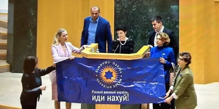 თეა წულუკიანის სიტყვით გამოსვლისას, ქალმა დეპუტატებმა საპროტესტო პლაკატი გაშალეს