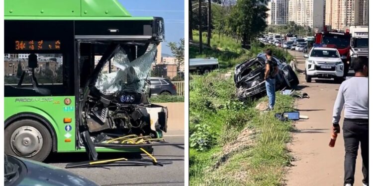 ვიდეო – ავტობუსი გაჩერებულ ავტომობილს დაეჯახა – ავარია თბილისში