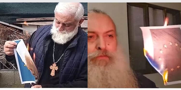 ევროკავშირის დროშის დაწვისთვის, სასულიერო პირები, დაკავებულს სოლიდარობას უცხადებენ და დროშას წვავენ