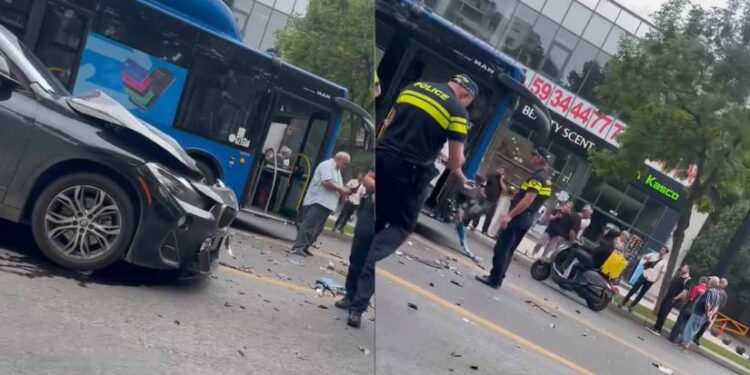 ერთმანეთს ავტობუსი და მსუბუქი ავტომობილი შეეჯახა – ავტოსაგზაო შემთხვევა თბილისში