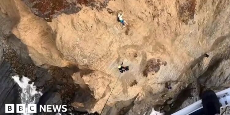 ვიდეო – მომენტი, როცა კლდეზე მიჯაჭვული ადამიანი ვერტმფრენით გადაარჩინეს