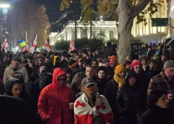 რუსთაველის გამზირზე შეკრებილი მოქალაქეები მსვლელობას მართავენ