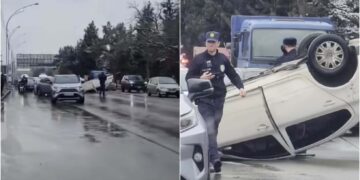 ვიდეო – თბილისში ავარიის შედეგად მანქანა ამობრუნდა