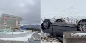 ვიდეო – ცენტრალურ მაგისტრალზე, ავტობანზე ავტომობილი გზიდან გადავარდა